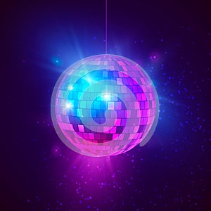 Disco ball with bright rays and bokeh. Music and dance night party background. Abstract night club retro background 80s and 90s