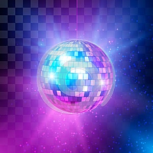 Disco ball with bright rays and bokeh. Music and dance night party background. Abstract night club retro background 80s. Vector