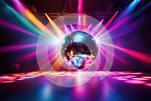 Disco ball, colorful rays of light emanate from the disco ball, bright cinematic style