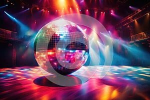 Disco ball, colorful rays of light emanate from the disco ball, bright cinematic style