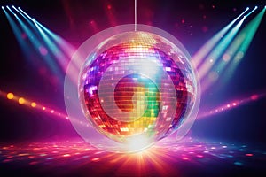 Disco ball, colorful rays of light emanate from the disco ball, bright cinematic style