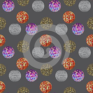 Disco ball discotheque music party night club dance equipment seamless pattern background vector illustration.