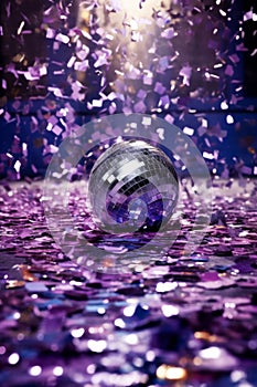 Disco ball on the floor covered with confetti. Party concept, copy space.