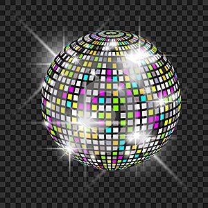 Disco ball with glow. Really transparency effect. Disco background. Template for your design