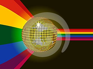 Disco ball glowing over rainbow background