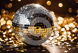 disco ball with gold foil on table at night time in close - up