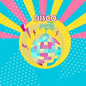 Disco ball icon. Disco party poster. Retro style
