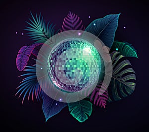 Disco ball illustration with fluorescent tropic leaves. Nature concept. Summer party poster.