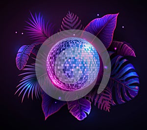 Disco ball illustration with fluorescent tropic leaves. Nature concept. Summer party poster.
