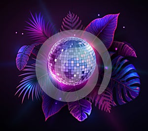 Disco ball illustration with fluorescent tropic leaves. Nature concept. Summer party poster.