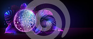 Disco ball illustration with fluorescent tropic leaves. Nature concept. Summer party poster.