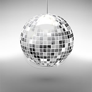 Disco ball isolated on grayscale background. Night Club party light element. Bright mirror silver ball design for disco