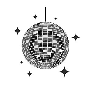 Disco ball or mirror ball icon with shining stars. Element of lighting design for dance floors and discos