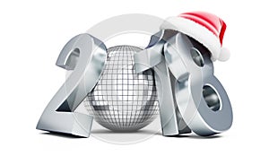 Disco ball new year 2018 santa hat on a white background 3D illustration, 3D rendering