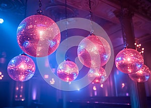 Disco ball in the night club. A disco balls hang from the ceiling of a party