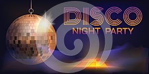 Disco ball. Night dance. Discotheque poster. Neon glowing. Glamour party flyer. Club celebration with music. Sparkling