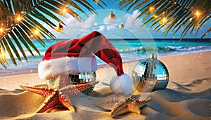disco ball with red cap on the beach
