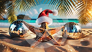 disco ball with red cap on the beach