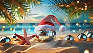 disco ball with red cap on the beach