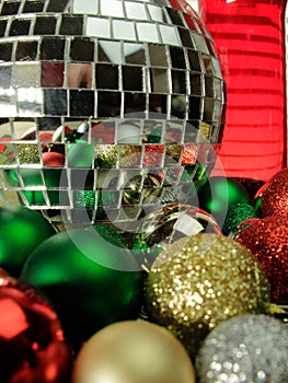 disco ball reflections of colorful Christmas balls