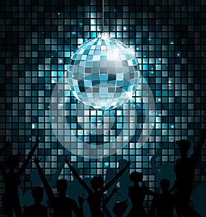 Disco Ball with Silhouettes of People Dance. Party Glowing Lights Background