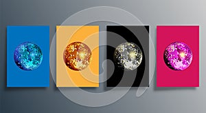 Disco ball in various colors. Set of mirrorball design for party flyer, brochure cover, or retro poster