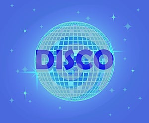 Disco ball Vector icon. Party Template dj. Mirror glitter disco ball. Cosmic. Psychedelic. Disco party banner. Retro music poster