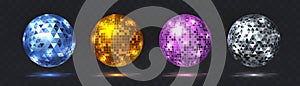 Disco balls. Night club party element with mirror surface, silver and golden dance club light effect. Vector retro