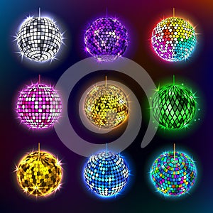 Disco balls vector illustration of discotheque dance and music party equipment round shiny entertainment.