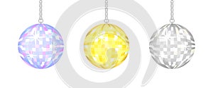 Disco balls vector set. Golden, silver and blue discoballs isolated. Glowing graphic elements for party designs. Colorful shiny