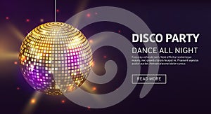Disco banner. Mirrorball party disco ball invitation card celebration fashion partying poster template dance club