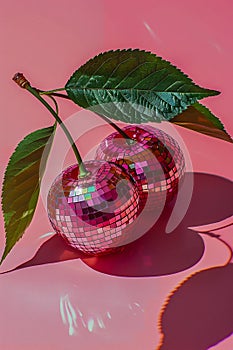 Disco Cherry Delight: Whimsical Fruits Dance in Pink Light. Generative ai