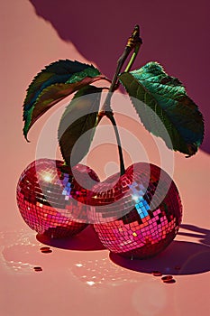 Disco Cherry Delight: Whimsical Fruits Dance in Pink Light. Generative ai