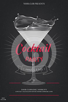 Disco cocktail party poster. 3D cocktail design with a cocktail glass