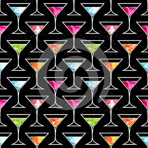 Disco cocktail party seamless pattern with trendy Martini glass on a black background with watercolor elements. Flyer or