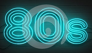 Disco dance 80s neon sign lights logo text glowing color blue on