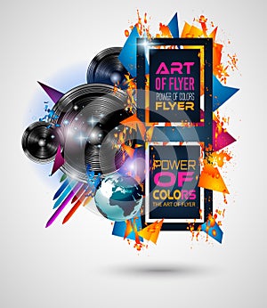 Disco Dance Art Design Poster with Abstract shapes and drops of colors