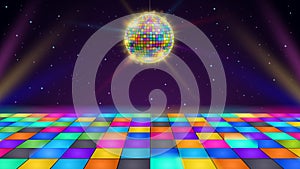 Disco dance floor. Retro party scene with LED squares grid glowing floor, disco ball and starry night sky vector background