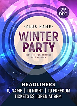 Disco dance flyer poster template. DJ winter party event decoration background invitation design