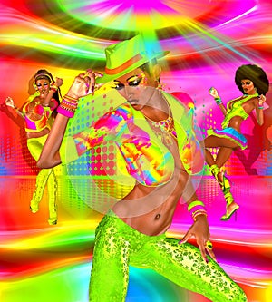 Disco dance party girls on a colorful background and dance floor.