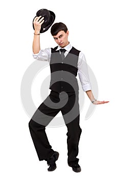 Disco dancer showing some movements against isolated white