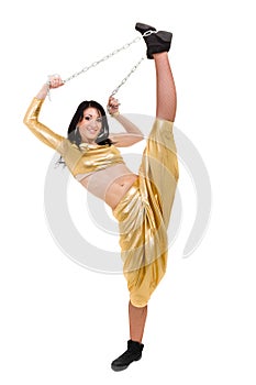Disco dancer showing some movements against isolated white