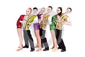 Disco dancer team. Isolated on white.