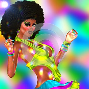 Disco dancing club girl with afro set against a blurred abstract background.