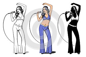 Disco Diva. Pop Singer Girl with Microphone. Outline, Color and Silhouette