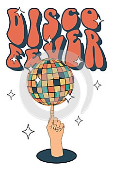 Disco fever. Disco ball on the finger of your hand. Groovy. Clockwork elements in a retro hippie 70's style.