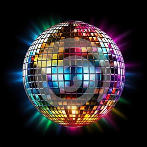 Disco Fever: Shiny Colorful Ball Illuminating a Black Background. Generative ai