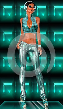 Disco Girl wearing headphones and metallic outfit.