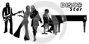 Disco Group Silhouettes Set. Guitarist, pianist and two singer women