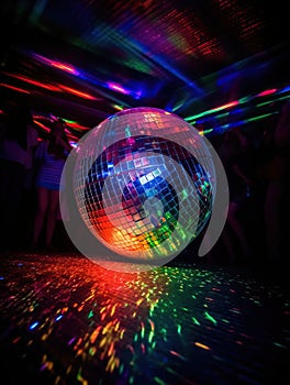 Disco Magic. Mirror Ball and Laser Light Nightclub Spectacle Paints the Night with Rainbows. Generative AI